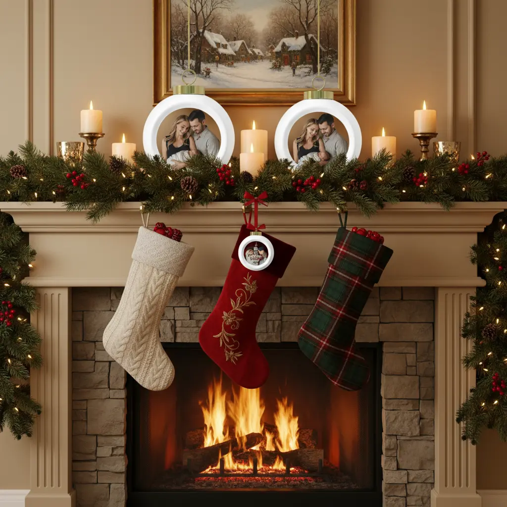 Personalized ornaments displayed on festive mantel