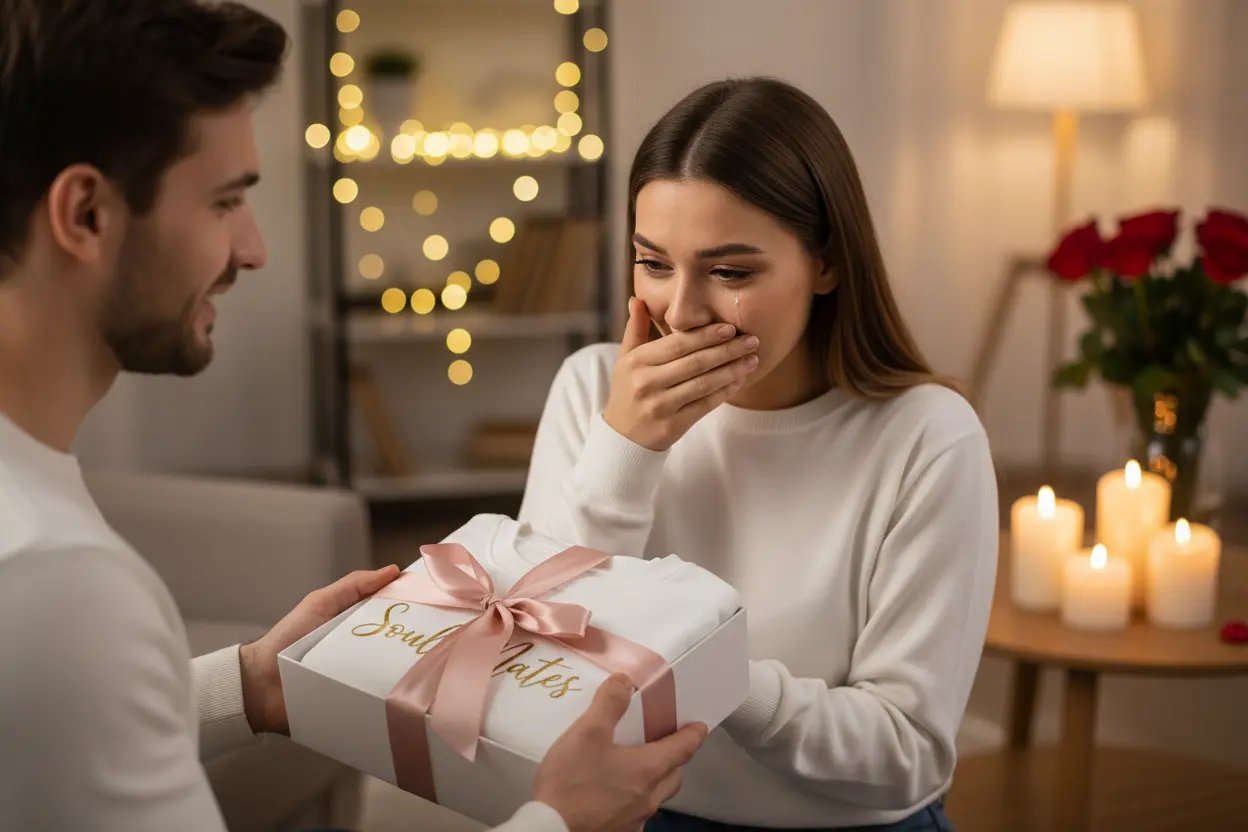Romantic gift-giving moment with Soul Mates sweatshirt
