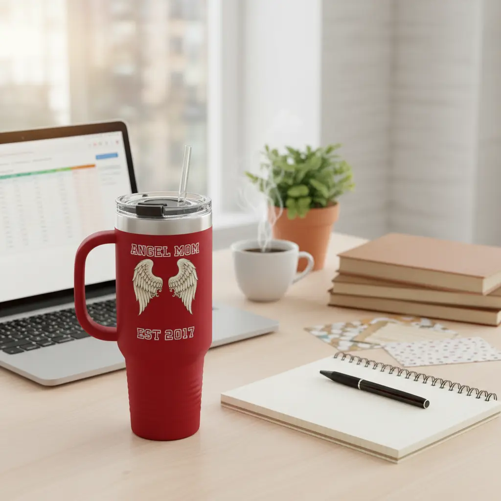 Travel mug on desk with laptop