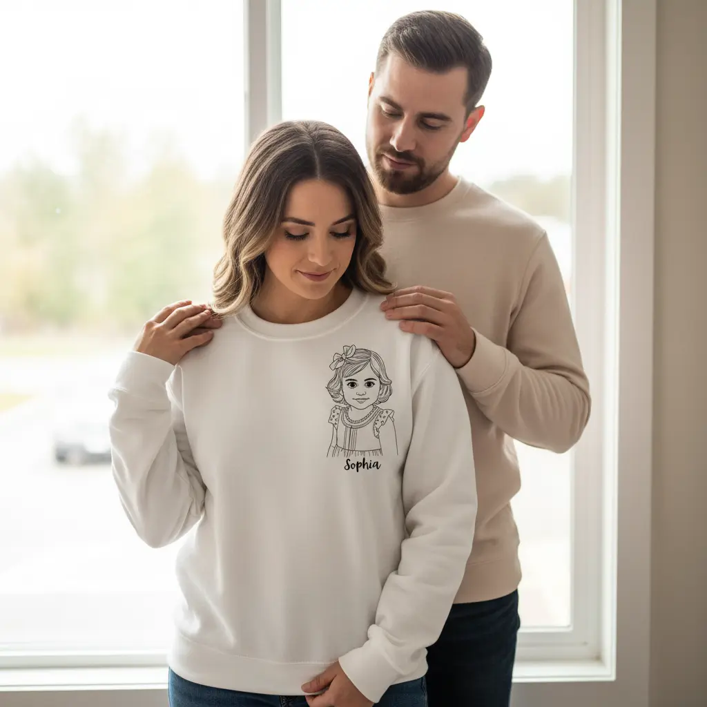 White couple by window with Sophia sweatshirt