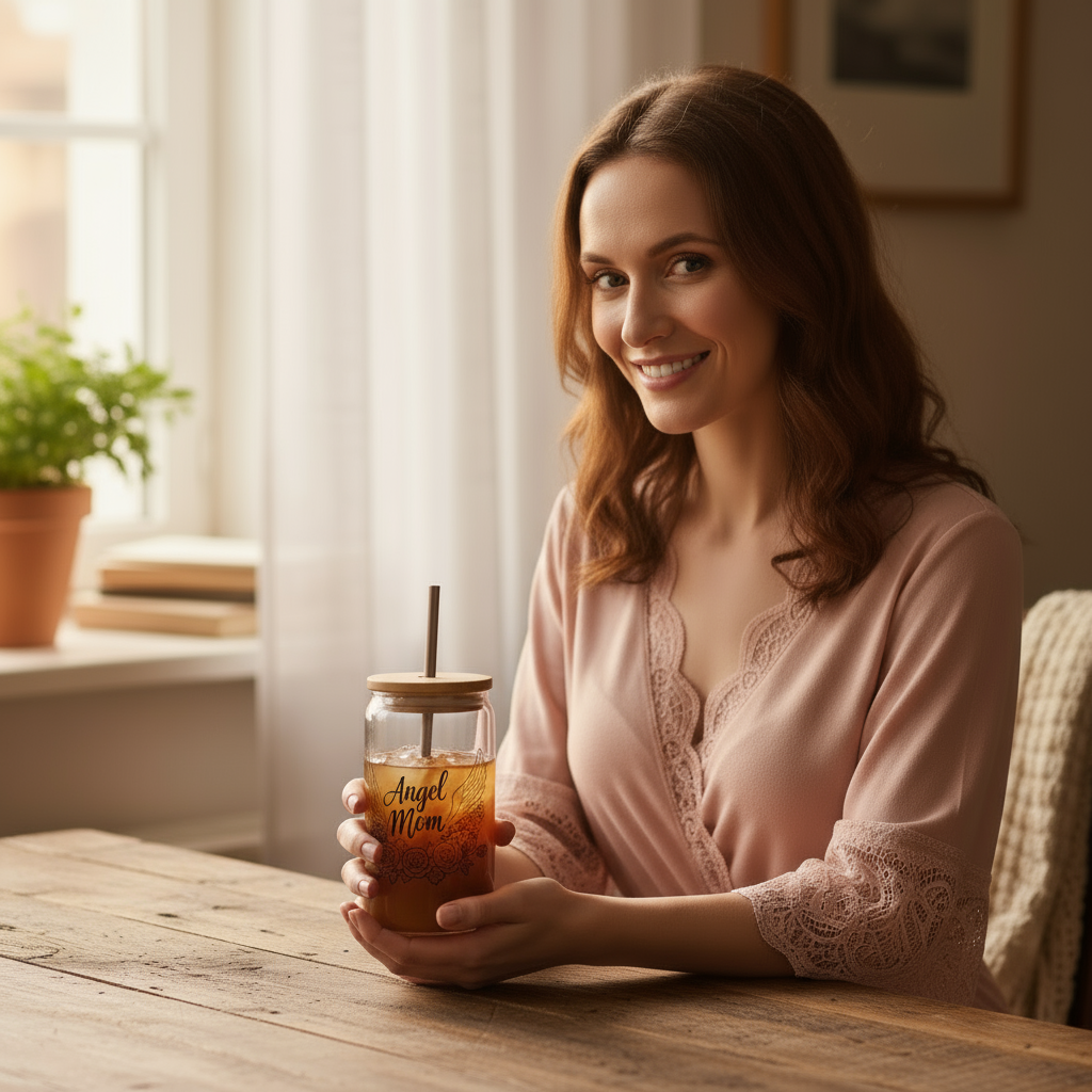 Woman enjoying iced coffee in Angel Mom tumbler