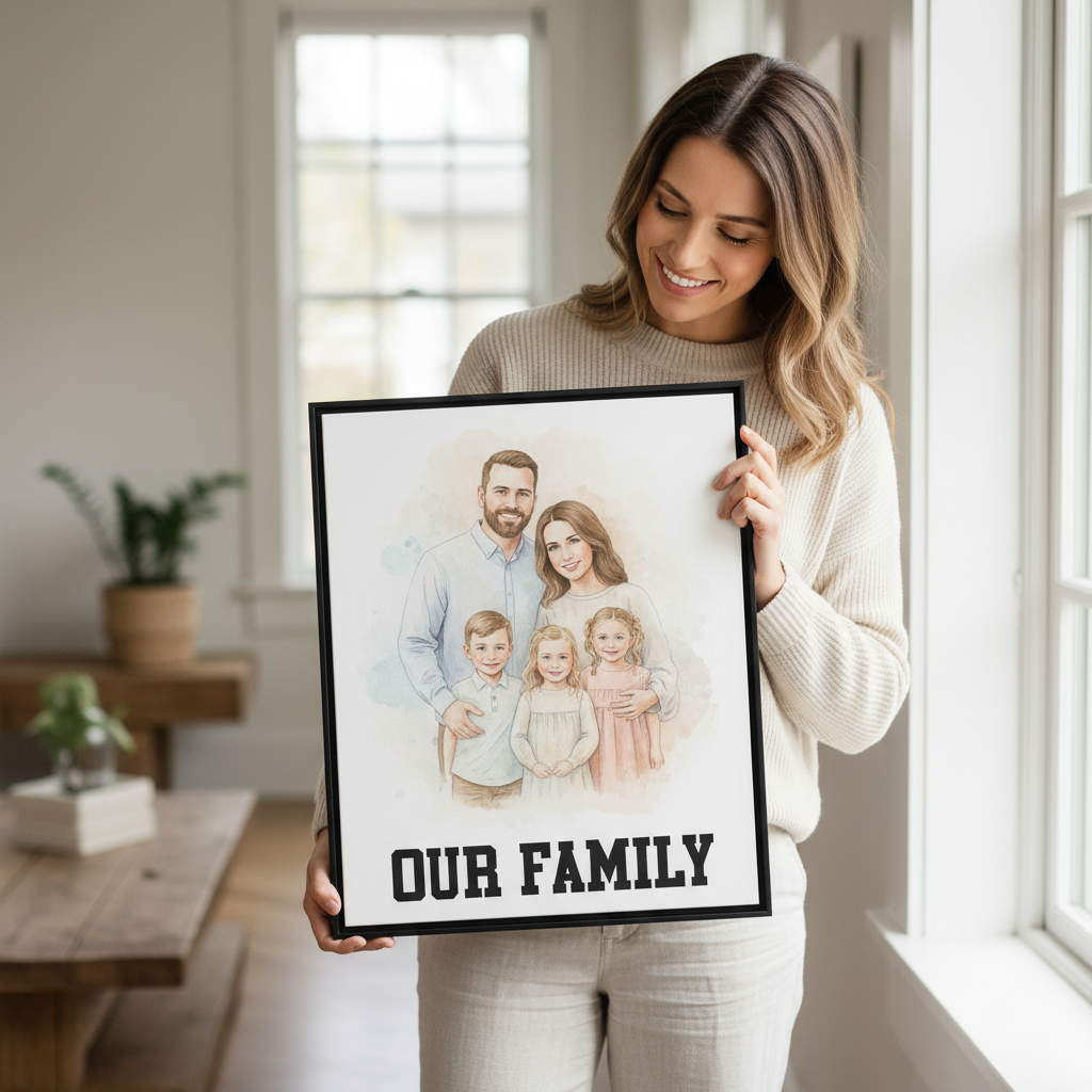 Woman holding family canvas
