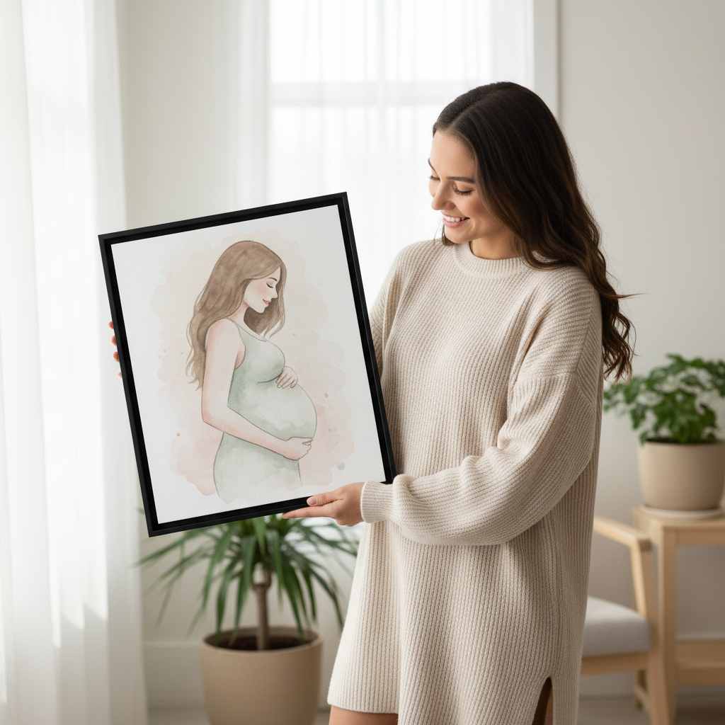 Woman holding watercolor pregnancy canvas