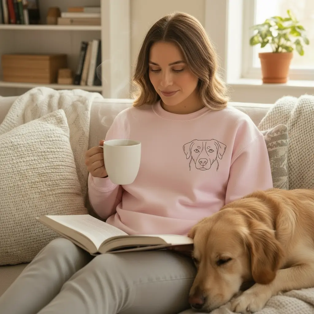 Woman reading with dog on couch