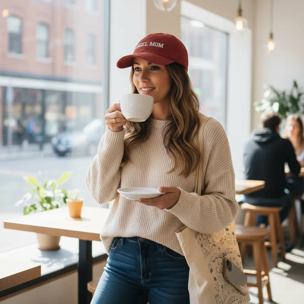 Woman wearing cap at café or running errands