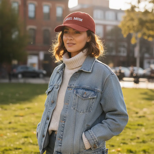 Woman wearing embroidered corduroy cap outdoors
