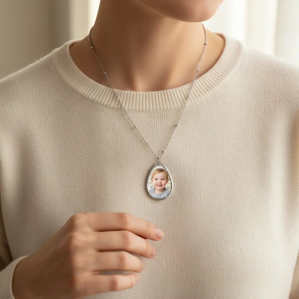 Woman Wearing Photo Necklace Silver