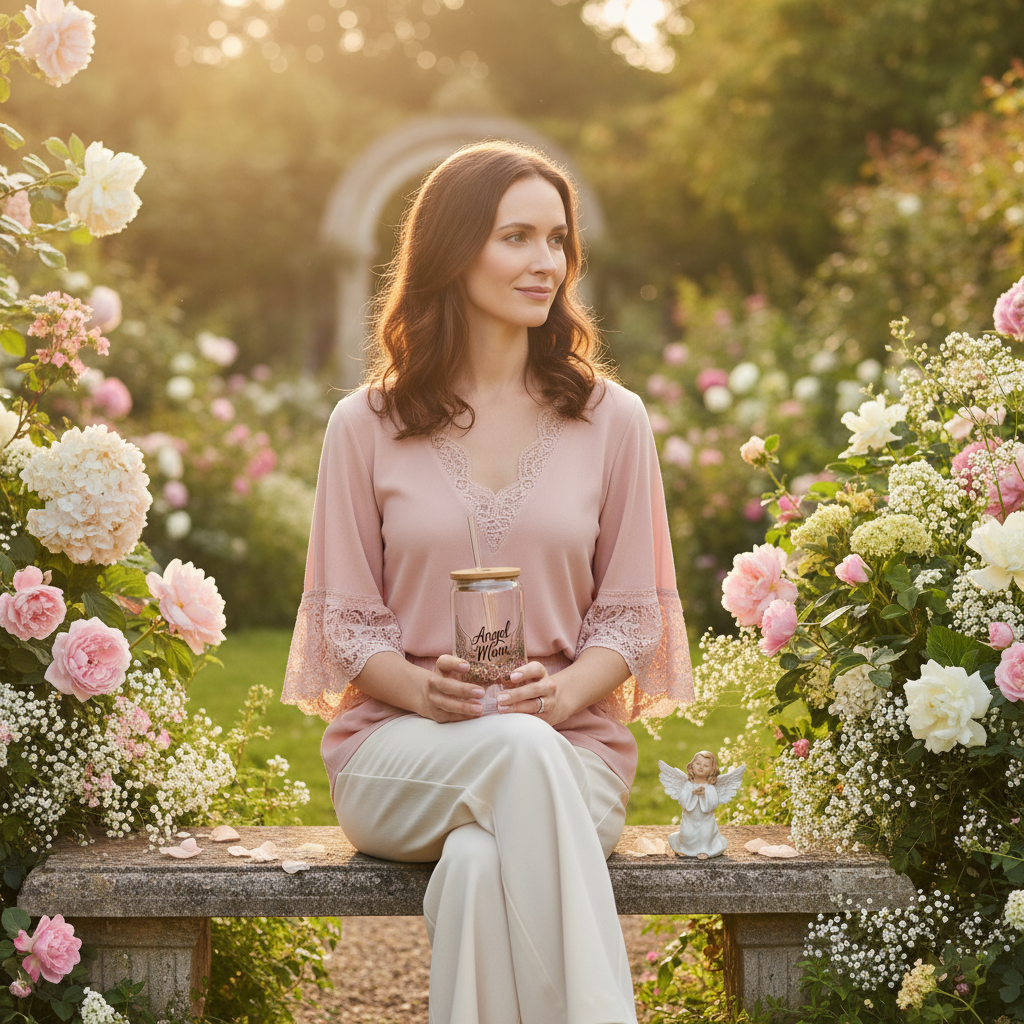 Woman with Angel Mom tumbler