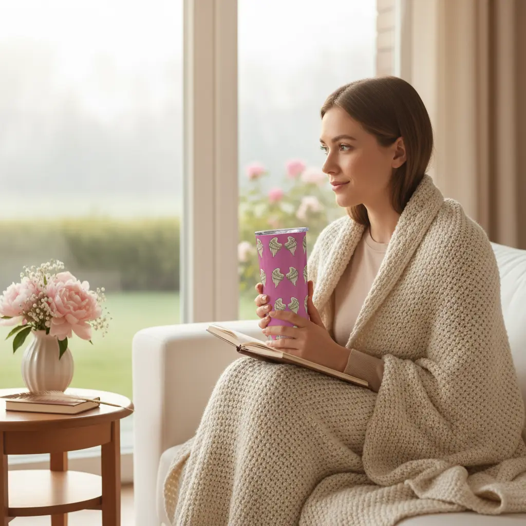 Woman with angel wings tumbler by window