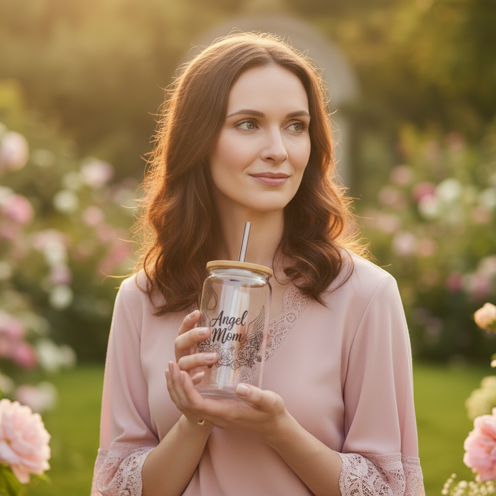 Zoomed portrait with Angel Mom tumbler